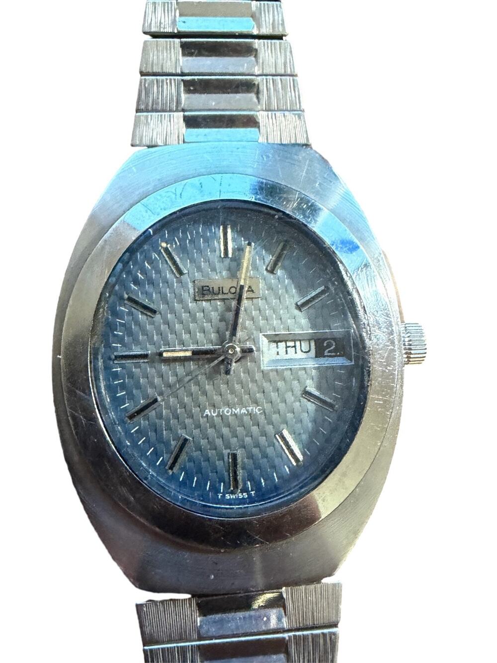 Bulova Automatic Men's Watch Blue Textured Dial Day Date Stainless Steel